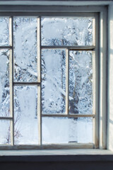 old window with snowy beautiful landscape