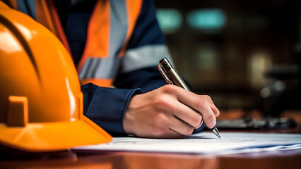 Construction worker signs work contract.