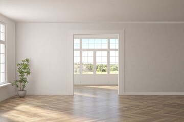 White empty room with summer landscape in window. Scandinavian interior design. 3D illustration