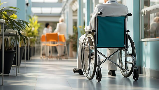 Senior in wheelchair in hospital corridor.