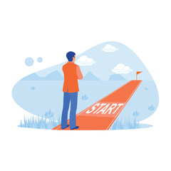  Businessman stands at the starting line and starts walking towards success. Career Development Concept. trend modern vector flat illustration