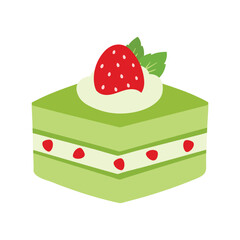 Matcha Cube Cake Slice Cute Cartoon Sweet Dessert Food Cafe Menu Vector Illustration