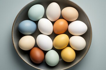 Overhead view of simple, pastel Easter eggs. Generative AI