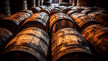 Wooden stack of wine barrels.