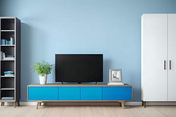 Blue color wall Background, minimal living room interior decor with a TV cabinet. 3d rendering