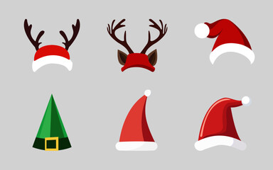 Christmas holiday hat icon set. Cartoon Santa Claus, elf and reindeer