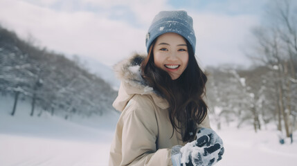 Fototapeta na wymiar Beautiful asian young woman practice snowboarding on snow mountain at ski resort, fun outdoor active lifestyle travel nature on holiday vacation