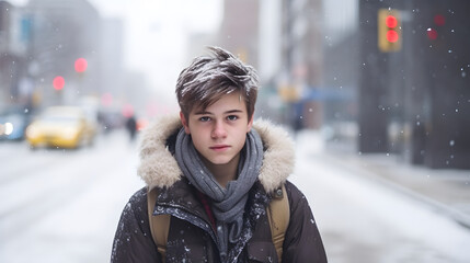 Portrait of young boy standing in a city street on cold winter day