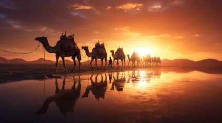 Foto op Plexiglas a camel walks against a sunset in the sand desert © Kien