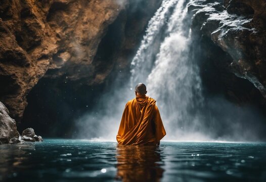 a monk meditating in the shallow water in front of a waterfall