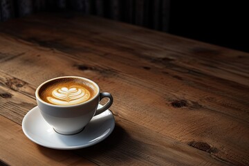 Obraz premium Morning elegance. Hot espresso cup with artful froth. Vintage coffee charm. Rustic latte. Cafe aesthetic. Wooden table set with cappuccino