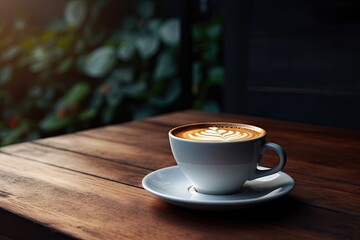 Obraz premium Morning elegance. Hot espresso cup with artful froth. Vintage coffee charm. Rustic latte. Cafe aesthetic. Wooden table set with cappuccino