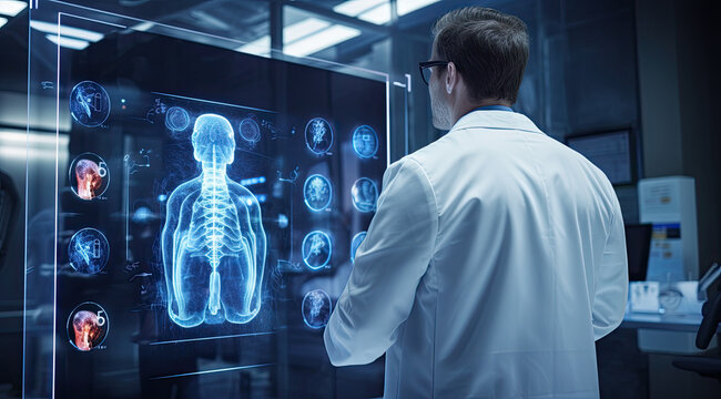 doctor in a white coat looking at something through the xray image