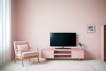 Pink color wall Background, minimal living room interior decor with a TV cabinet. Modern living room. 3d rendering