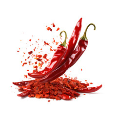 Falling bursting chili peppers with flakes png - obrazy, fototapety, plakaty