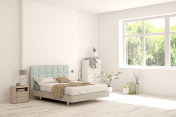 White bedroom concept. Scandinavian interior design. 3D illustration