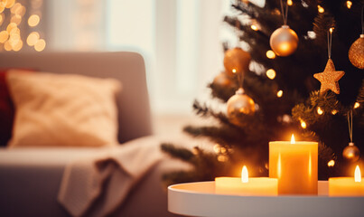 Close-up of christmas tree and candles in a beautiful modern living room at christmas time