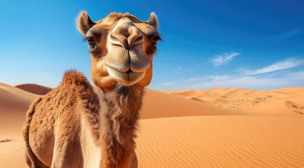 Zelfklevend Fotobehang a camel walks against a sunset in the sand desert © Kien