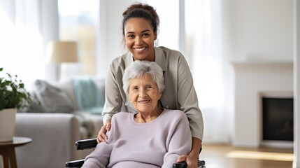 Elderly woman with female caregiver in living room. Space for text