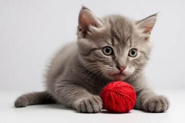 Gray fluffy cat with a red ball on a white background