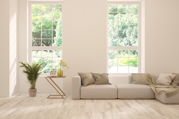 White living room with sofa and summer landscape in window. Scandinavian interior design. 3D illustration