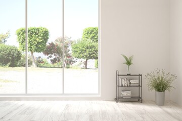 White empty room with summer landscape in window. Scandinavian interior design. 3D illustration