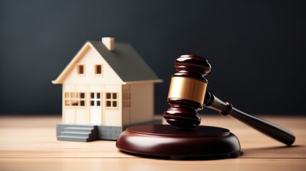 Real Estate Auction. Gavel and house on dark background