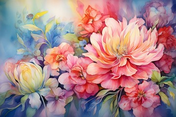 vibrant garden blossoms in nostalgic watercolor style. Generative AI - obrazy, fototapety, plakaty