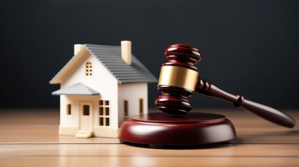 Real Estate Auction. Gavel and house on dark background