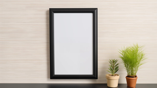Frame mockup, ISO A paper size. Interior poster mockup with vertical black frame. Modern interior design. 3D render