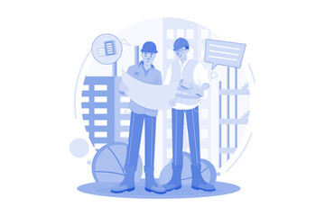 Construction workers discussing on building plan