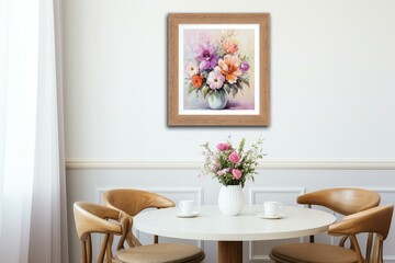 Floral arrangement on table beside white wall with framed flower picture. Generative AI