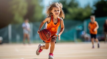 girl playing basketball sport in sunshine