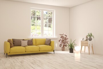 White living room with sofa and summer landscape in window. Scandinavian interior design. 3D illustration