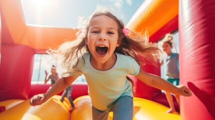 Happy little girl having lots of fun on a inflate castle while jumping. Colorful playground. - obrazy, fototapety, plakaty