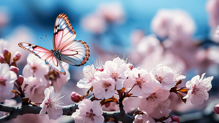 Blossom tree with beautiful butterfly.Spring background, branches of blossoming cherry against background of blue sky and butterflies on nature outdoors. Pink sakura flowers, dreamy romantic image - obrazy, fototapety, plakaty