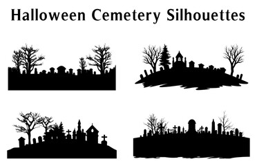Halloween cemetery Silhouette Vector illustration, Halloween night vector background, Scary spooky cemetery with graves