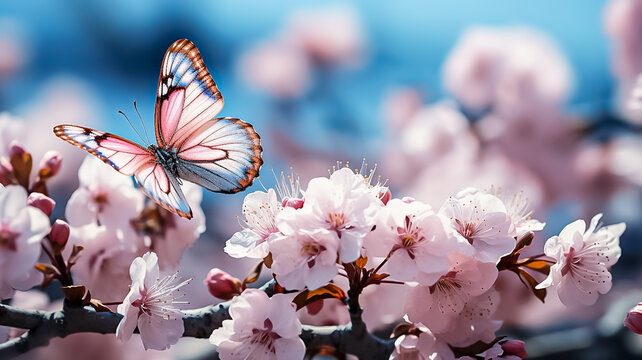 Blossom tree with beautiful butterfly.Spring background, branches of blossoming cherry against background of blue sky and butterflies on nature outdoors. Pink sakura flowers, dreamy romantic image