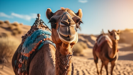 Camels in a bright cape against the backdrop of the sand dune desert Tourism warm countries background