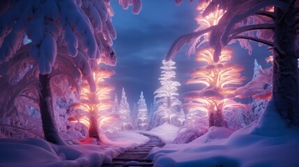 Fabulous winter fantasy forest with fantastic trees shining with Christmas neon