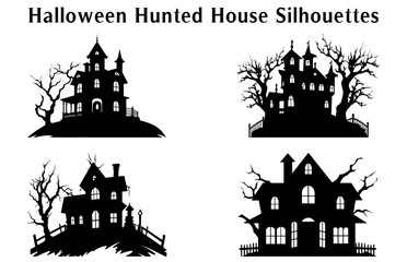 Scary Halloween Haunted House Silhouette Vector illustration Set