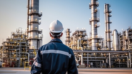 portrait of a male engineer in front of a refinery plant