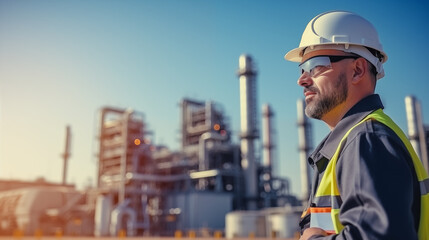 portrait of a male engineer in front of a refinery plant - obrazy, fototapety, plakaty