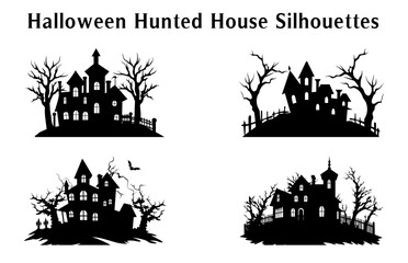 Scary Halloween Haunted House Silhouette Vector illustration Set