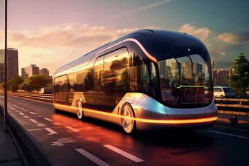 Cutting-edge autonomous bus navigating urban road. Generative AI