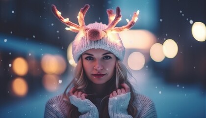 portrait young woman  wearing santa christmas sweater and reindeer antlers headband, wrapped with christmas lights, standing against, winter snow background
