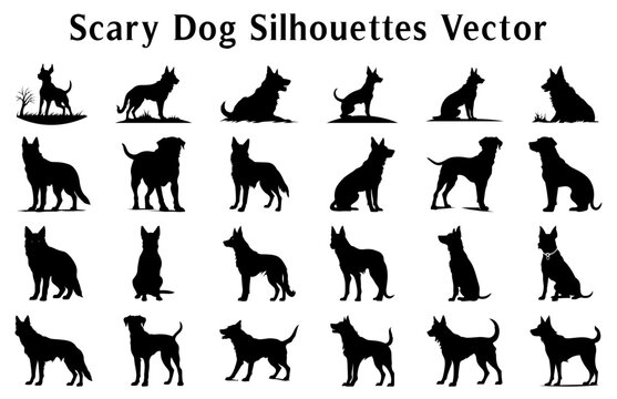 Halloween Scary Dog Vector Silhouettes bundle, Set of silhouettes of Halloween evil Black Dogs