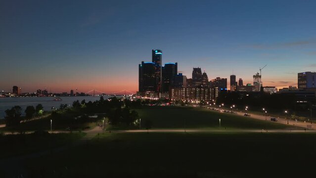 Detroit, Michigan, United States. wide shot of the city of Detroit. Central Business District. Evening Time. 