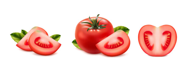3d realistic vector icon set. Red tomato whole, cut and sliced fresh tomato.