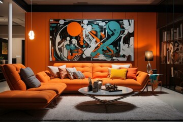 Contemporary space with orange sofa and bed. Generative AI